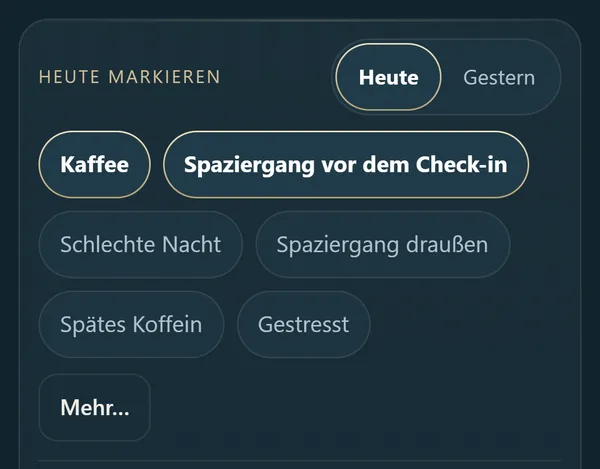 Dieselben Buttons, Kaffee und Spaziergang vor dem Check-in sind angetippt