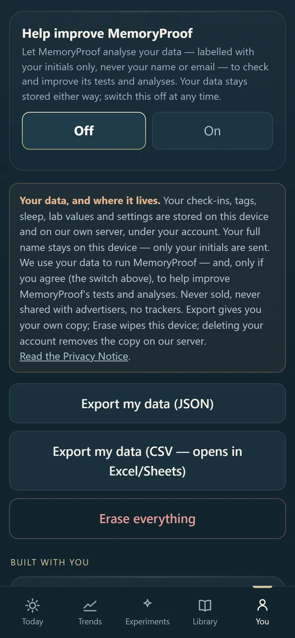 Your data in the app: the switch to help improve MemoryProof, where your data is kept, and buttons to export or erase it